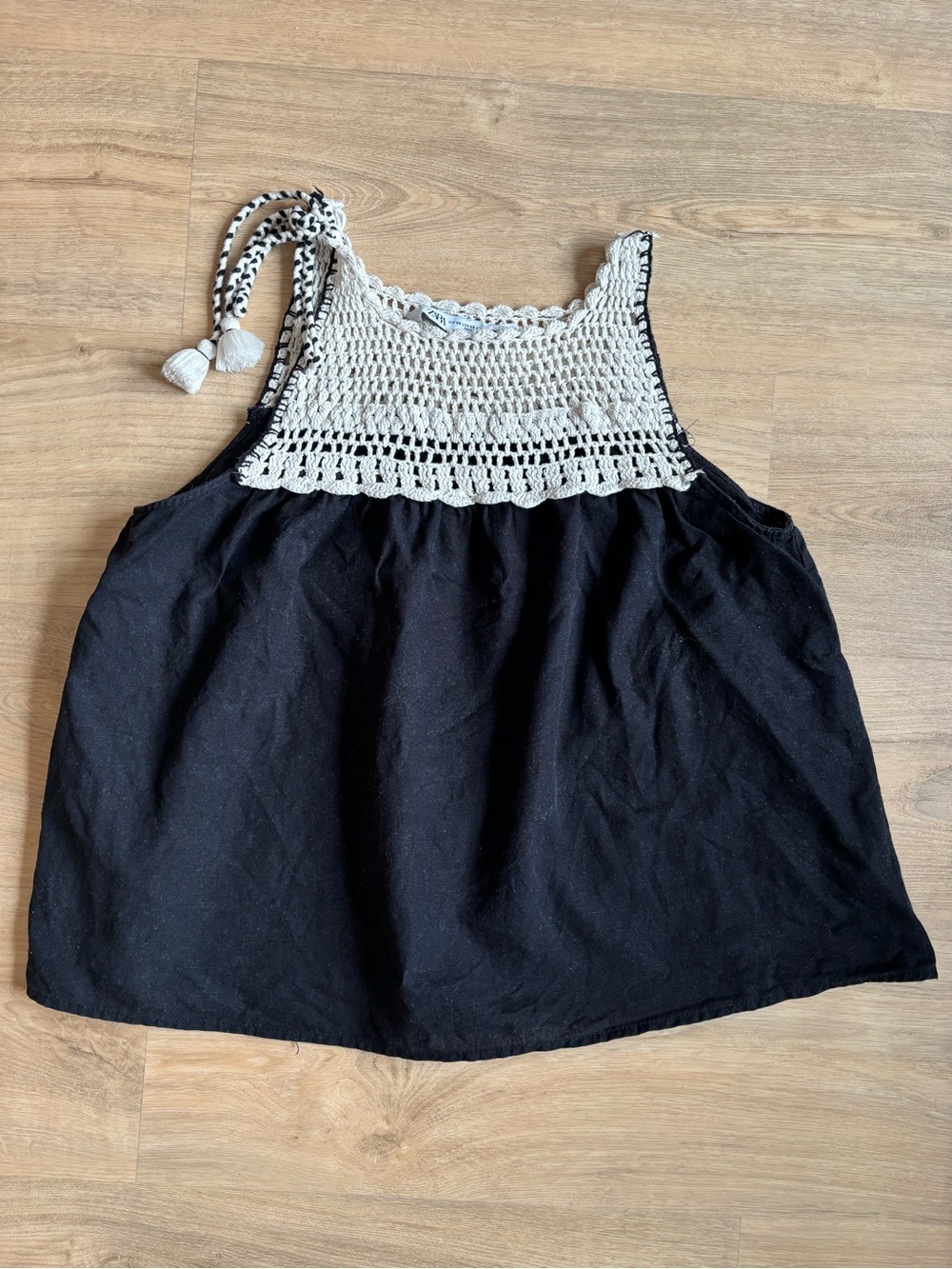 Zara Crochet Yoke Black & Cream Summer Tank Top
